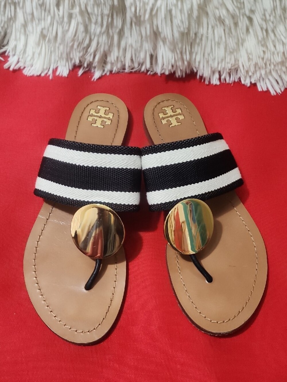 Tory Burch Patos Disk Sandal (White and Black Stripe Royal Tan)